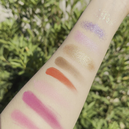 Swatches of the shortcake eyeshadow palette in natural lighting from Fresa Cosmetics